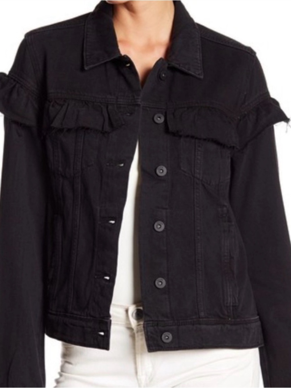Paige Heidi Charcoal Black Ruffle Trim Denim Jacket Size S